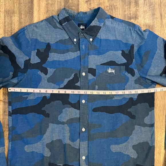 Stussy VTG Casual Button Front Shirt Blue Camouflage Long Sleeve Mens Size Large - Picture 7 of 11